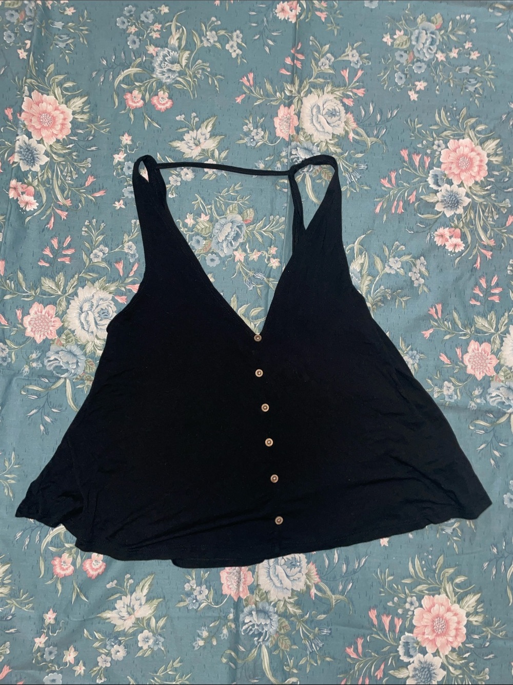 Angie Black V-Neck Tank Top Open Back Camisole With Faux Button Accent Size L